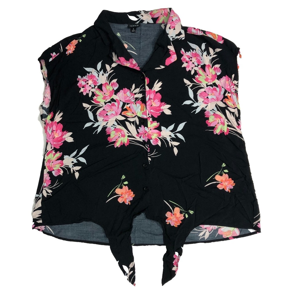 Torrid Blouse Women‎ Size 0 Black Floral Front Tie Button Up Sleeveless Tropical